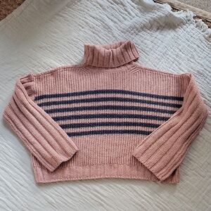 SO Women's Cropped Mauve Y2K Turtleneck Sweater With Navy Stripes Size XL